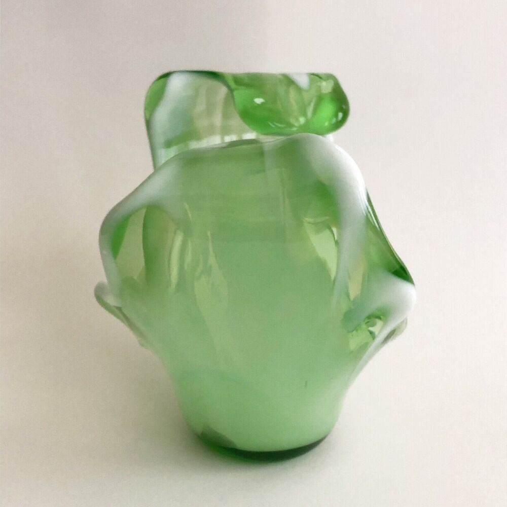 Murano ? Hand Blown Art Glass Milk Green Vessel Console Bowl Wave White Ribbon - Picture 3 of 11
